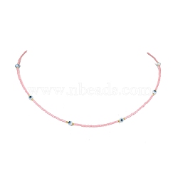 Lampwork Evil Eye & Glass Seed Beads Necklace with Real 18K Gold Plated 304 Stainless Steel Clasps, Pink, 17.13 inch(43.5cm)(NJEW-JN04597-02)