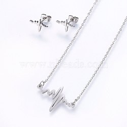 304 Stainless Steel Jewelry Sets, Stud Earrings and Pendant Necklaces, Heartbeat, Stainless Steel Color, Necklace: 18.9 inch(48cm), Stud Earrings: 9x12x1.2mm, Pin: 0.8mm(SJEW-O090-01P)