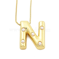 Brass & Plastic Pearl Letter Pendant Box Chain Necklaces for Women, Real 18K Gold Plated, Letter N, 17.64 inch(44.8cm)(NJEW-U017-01G-14)