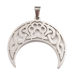 304 Stainless Steel Hollow Pendants, Double Horn/Crescent Moon with Cat Paw Print Charm, Stainless Steel Color, 28x30x1.5mm, Hole: 4.5x3mm(STAS-P321-04P)