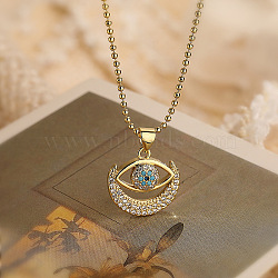 Brass Micro Pave Clear Cubic Zirconia Evil Eye Pendant Ball Chain Necklaces for Women, Golden, 17.72 inch(45cm)(WG5209A-01)