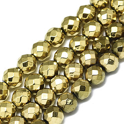 Electroplate Non-magnetic Synthetic Hematite Beads Strands, Round, Faceted, Real 18K Gold Plated, 6mm, Hole: 0.8mm, about 65pcs/Strand, 15.75 inch(40cm)(X-G-S352-44C-01)