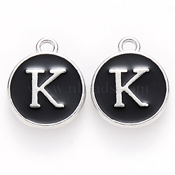 Platinum Plated Alloy Charms, Cadmium Free & Lead Free, with Enamel, Enamelled Sequins, Flat Round with Letter, Letter.K, 14x12x2mm, Hole: 1.5mm(ENAM-S118-02K-P)