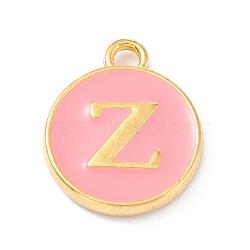 Golden Plated Alloy Enamel Charms, Enamelled Sequins, Flat Round with Alphabet, Letter.Z, Pink, 14x12x2mm, Hole: 1.5mm(ENAM-Q437-14Z)