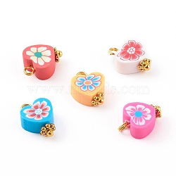 Handmade Polymer Clay Charms, with Golden Brass Loops, Heart, Mixed Color, 13x9x4.5mm, Hole: 2mm(PALLOY-JF00706)