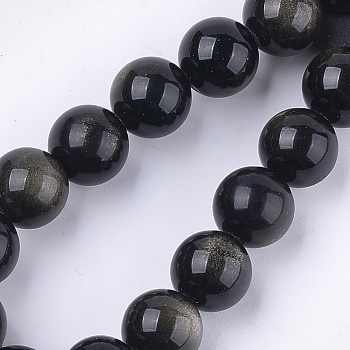 Natural Golden Sheen Obsidian Beads Strands, Grade A, Round, 12mm, Hole: 1mm, about 15~16pcs/strand, 7.4 inch