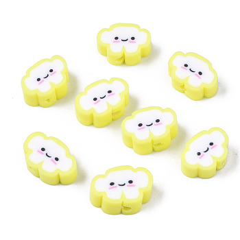 Handmade Polymer Clay Beads, Cloud with Smiling Face, Yellow, 6~8.5x10~11.5x4.5~5.5mm, Hole: 1.8mm