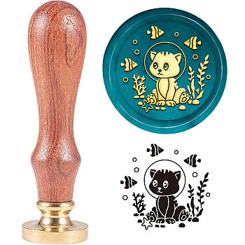 Brass Wax Seal Stamp with Handle, for DIY Scrapbooking, Cat Pattern, 3.5x1.18 inch(8.9x3cm)