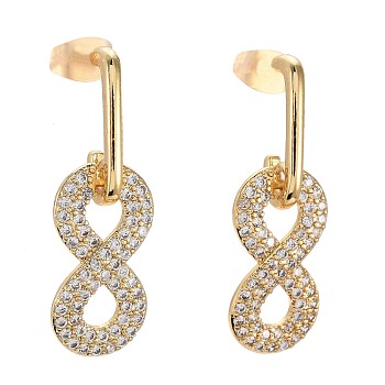 Brass Micro Pave Clear Cubic Zirconia Dangle Stud Earrings, with Ear Nuts, Number 8, Real 18K Gold Plated, 31mm, Pin: 0.7mm