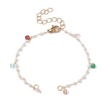 Brass & ABS Imitation Pearl & Cubic Zirconia Beaded Chain Bracelet Making, with Lobster Claw Clasp, Fit for Connector Charms, Golden, 6-1/2 inch(16.4cm)