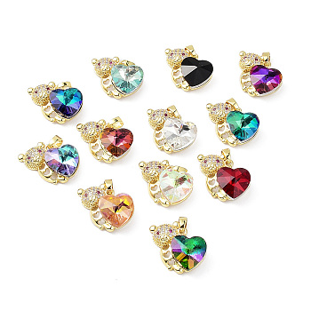 Real 18K Gold Plated Rack Plating Brass Micro Pave Cubic Zirconia Pendants, with Glass, Long-Lasting Plated, Cadmium Free & Lead Free, Bear with Heart, Mixed Color, 22~23x22~23x9mm, Hole: 3.5x5mm