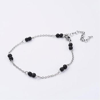 304 Stainless Steel Chain Anklets, with Natural Lava Rock Beads, 9-1/4 inch(235mm)