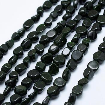 Synthetic Green Goldstone Beads Strands, Tumbled Stone, Nuggets,  6~13x6~8mm, Hole: 1mm, 15.3 inch~15.7 inch(39~40cm)