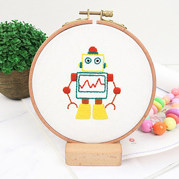 DIY Embroidery Starter Kits, including Embroidery Fabric & Thread, Needle, Embroidery Hoops, Instruction Sheet, Robot, 184x184mm