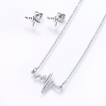 304 Stainless Steel Jewelry Sets, Stud Earrings and Pendant Necklaces, Heartbeat, Stainless Steel Color, Necklace: 18.9 inch(48cm), Stud Earrings: 9x12x1.2mm, Pin: 0.8mm
