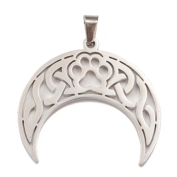 304 Stainless Steel Hollow Pendants, Double Horn/Crescent Moon with Cat Paw Print Charm, Stainless Steel Color, 28x30x1.5mm, Hole: 4.5x3mm