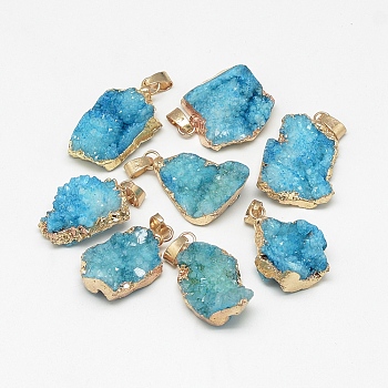 Natural Druzy Agate Pendants, Druzy Trimmed Stone, Dyed, Nuggets, Deep Sky Blue, 23~40x13~30x7~20mm, Hole: 3x6mm