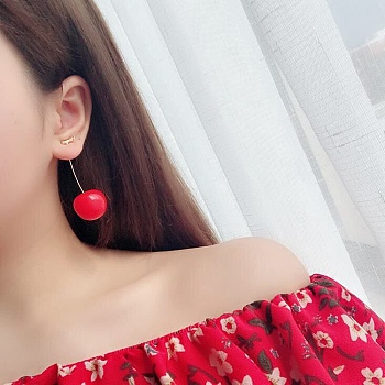 Lifelike Cherry Dangle Stud Earrings, Cute Fruit Drop Earrings for Girl Women, Light Gold, Red, 56mm, Pin: 0.6mm