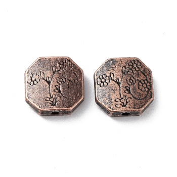 Tibetan Style Alloy Beads, Cadmium Free & Lead Free, Hexagon with Flower, Red Copper, 11x11x3.5mm, Hole: 1.4mm