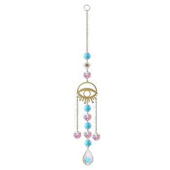 Glass Teardrop Pendant Decoration, Hanging Suncatchers, with Glass Octagon Link and Metal Link, for Home Window Decoration, Eye, 300mm