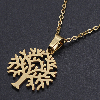 201 Stainless Steel Pendant Necklaces, with Cable Chains and Lobster Claw Clasps, Tree, Golden, 17.7 inch(45cm), 1.5mm