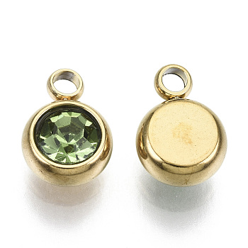 Vacuum Plating 201 Stainless Steel Rhinestone Charms, Birthstone Charms, Flat Round, Real 18K Gold Plated, Peridot, 8.5x6x3mm, Hole: 1.5mm