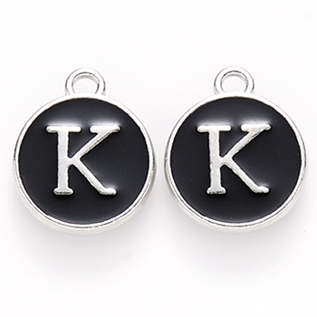 Platinum Plated Alloy Charms, Cadmium Free & Lead Free, with Enamel, Enamelled Sequins, Flat Round with Letter, Letter.K, 14x12x2mm, Hole: 1.5mm