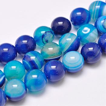 Natural Striped Agate/Banded Agate Bead Strands, Dyed & Heated, Round, Grade A, Blue, 10mm, Hole: 1mm, about 39pcs/strand, 15.2 inch(387mm)