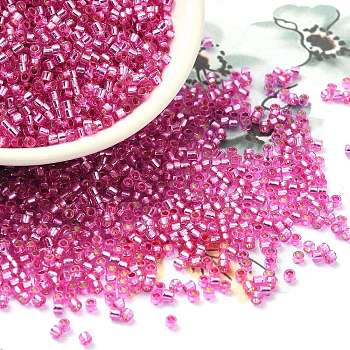 Glass Seed Beads, Silver Lined, Cylinder, Hot Pink, 2x1.5mm, Hole: 1.4mm, about 5599pcs/50g
