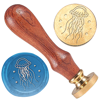 Wax Seal Stamp Set, 1Pc Golden Tone Sealing Wax Stamp Solid Brass Head, with 1Pc Wood Handle, for Envelopes Invitations, Gift Card, Jellyfish, 83x22mm, Stamps: 25x14.5mm