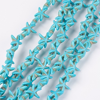Synthetic Turquoise Beads Strands, Starfish/Sea Stars, Dyed & Heated, Deep Sky Blue, 14~15x14~15x5mm, Hole: 1.5mm, about 36~38pcs/strand, 14.57 inch~14.96 inch(37~38cm)