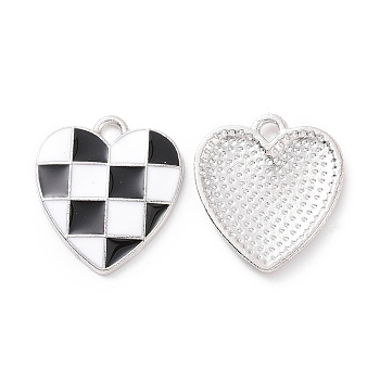 Alloy Enamel Pendants, Heart with Tartan Charm, Platinum, Black, 18x16x1.7mm, Hole: 1.6mm