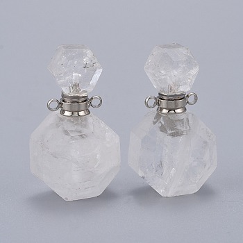 Faceted Natural Quartz Crystal Openable Perfume Bottle Pendants, Rock Crystal, with 304 Stainless Steel Findings, Stainless Steel Color, 34~36x20~22x12~13mm, Hole: 1.8mm, Bottle Capacity: 1ml(0.034 fl. oz)