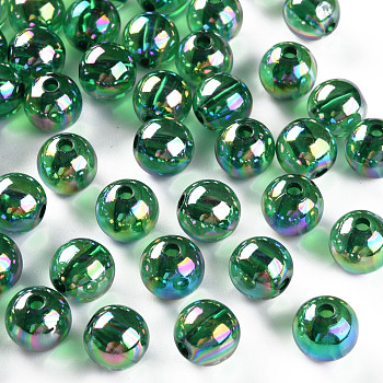 Transparent Acrylic Beads, AB Color Plated, Round, Green, 10x9mm, Hole: 2mm, about 940pcs/500g