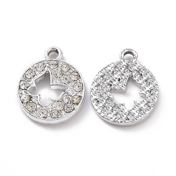 Alloy Crystal Rhinestone Pendants, Flat Round with Hollow Out Butterfly Charms, Platinum, 19x15x3mm, Hole: 2mm