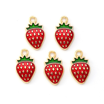 Light Gold Plated Alloy Enamel Pendants, Strawberry, Red, 16.8x10x1.5mm, Hole: 1.8mm