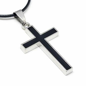 Alloy Enamel Pendant Necklaces, with Waxed Cord and Iron End Chains, Cross, Black, 17.3 inch(44cm)
