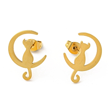 304 Stainless Steel Stud Earrings for Women, Moon with Cat, Golden, 17.5x13mm