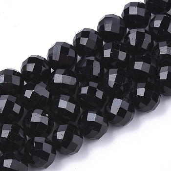 Natural Black Tourmaline Beads Strands, Faceted, Round, 5.5~6x6mm, Hole: 1mm, about 32pcs/strand, 7.48 inch