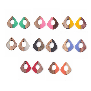 Resin & Wood Pendants, Two Tone, teardrop, Mixed Color, 32.5x27.5x2.5~4mm, Hole: 1.5mm