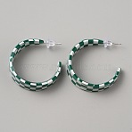 Acrylic Tartan Pattern Stud Earrings with 925 Sterling Silver Pins, C-Shaped Half Hoop Earrings, Green, 36x10mm(EJEW-WH0004-88C)