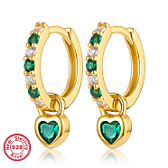 Real 18K Gold Plated 925 Sterling Silver Dangle Hoop Earrings, with 925 Stamp, Heart, Green, 14x4mm(BK3514-2)