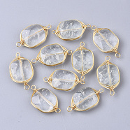 Natural Quartz Crystal Links Connectors, Rock Crystal, Wire Wrapped Links, with Golden Tone Brass Wires, Rectangle, 21x11x5mm, Hole: 1.5mm(G-S359-044)