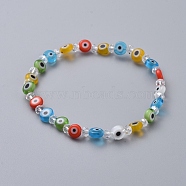 Handmade Evil Eye Lampwork Flat Round Beads Stretch Bracelets, with Faceted Rondelle Glass Beads, Colorful, 2 inch(5cm)(BJEW-JB05005-01)