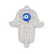 Alloy Enamel Pendants, with Crystal Rhinestone, Hamsa Hand with Evil Eye Charms, Blue, Platinum, 38x29.5x3mm, Hole: 2.4mm(ENAM-A138-02P-01)