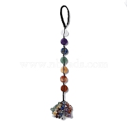 7 Chakra Flat Round Natural Gemstone Pendant Decoration, Braided Thread and Gemstone Chip Tassel Hanging Ornaments, 247mm(HJEW-H060-04)