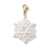 Christmas Snowflake Shell Pearl & Glass Pendants Decorations, Lobster Clasp Charms for Bag Ornaments, Golden, 47.5mm(HJEW-TA00217)