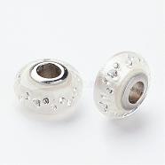 304 Stainless Steel Resin European Beads, with Cubic Zirconia and Enamel, Rondelle, Large Hole Beads, White, 14.5x8mm, Hole: 5mm(RPDL-G001-B13)