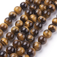 Natural Tiger Eye Beads Strands, Round, Goldenrod, 10mm, Hole: 1mm, about 19pcs/strand, 7.4 inch(X-G-G099-10mm-5)
