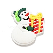 Christmas PVC Plastic Cabochons, Snowman with Gift, White, 30x29x3mm(KY-G018-A07)